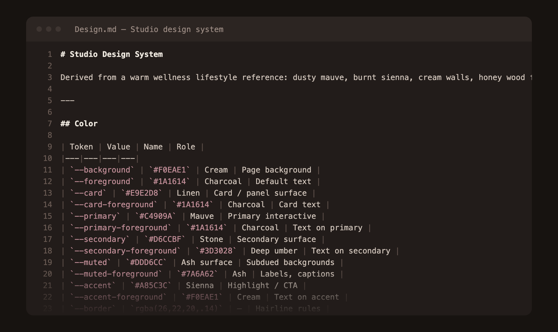 The Design.md file open in an editor, showing the color token table