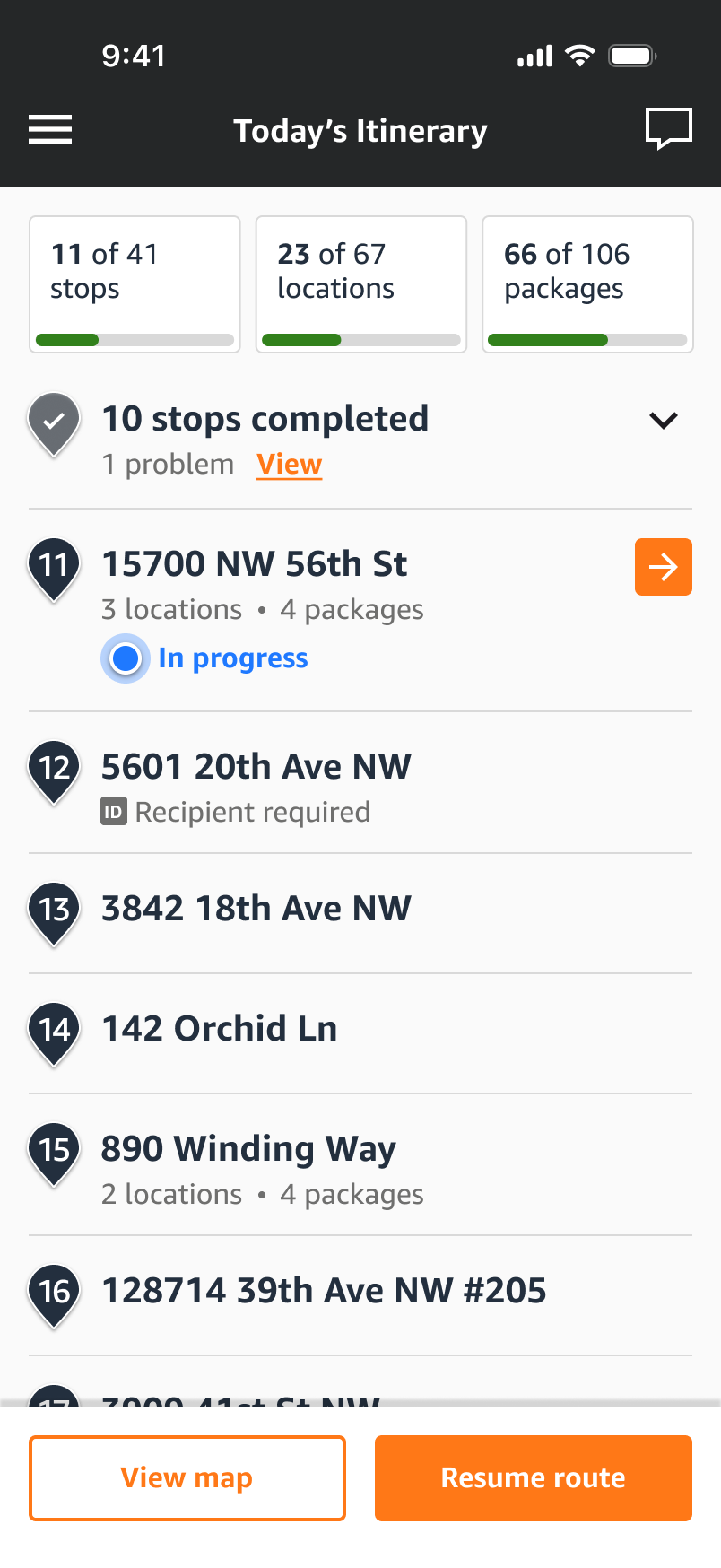 Today's Itinerary screen with stop, location and package progress counters and an in-progress stop highlighted