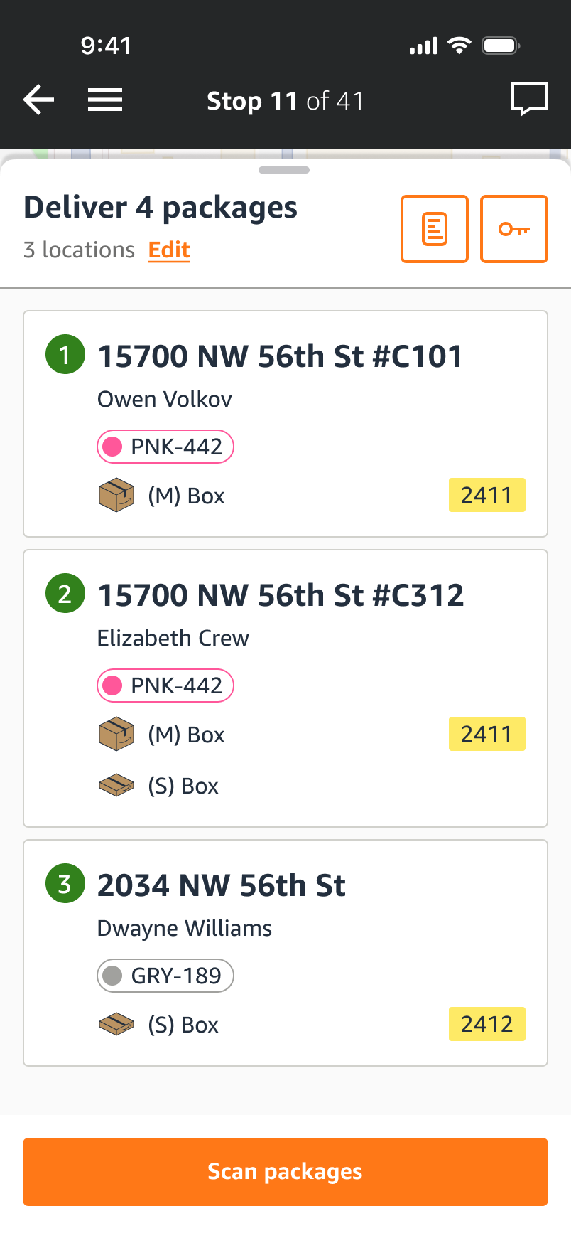 The drawer raised to full height, showing three numbered locations with recipients, colour badges and package types