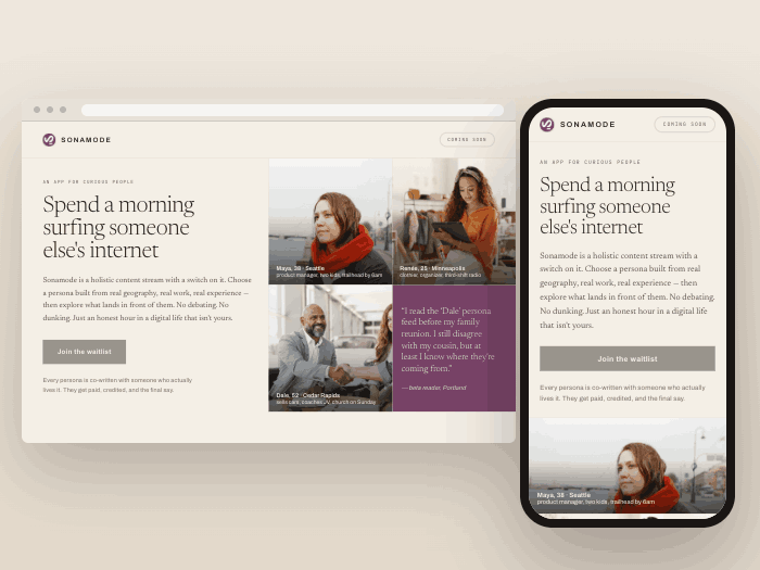 The Sonamode hero shown side by side in a desktop browser window and on a phone