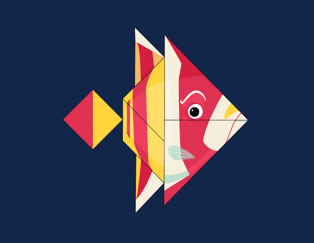 An angelfish illustration split along tangram seams, projected onto the seven physical pieces
