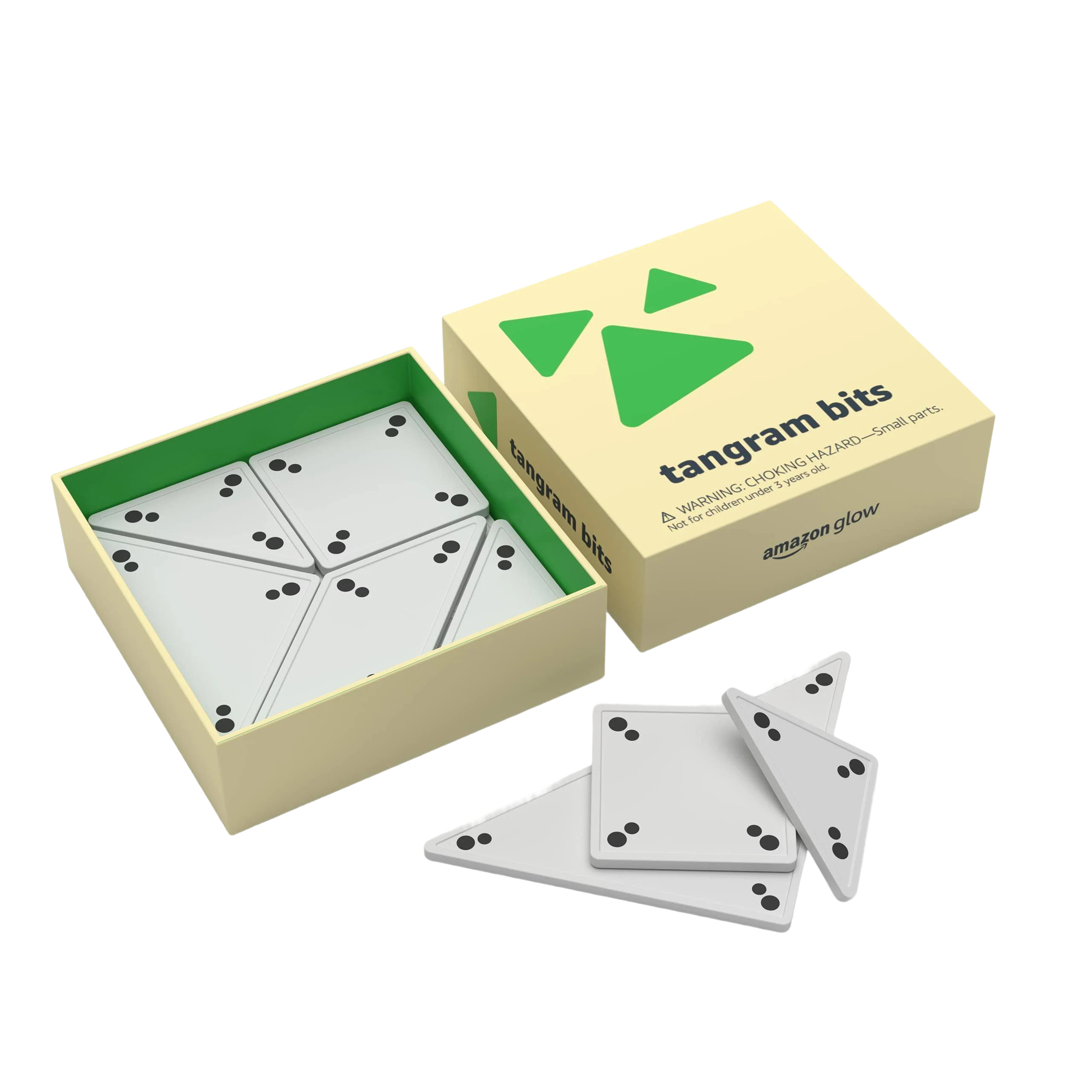 The Tangram Bits box open beside a set of white tangram pieces marked with fiducial dots
