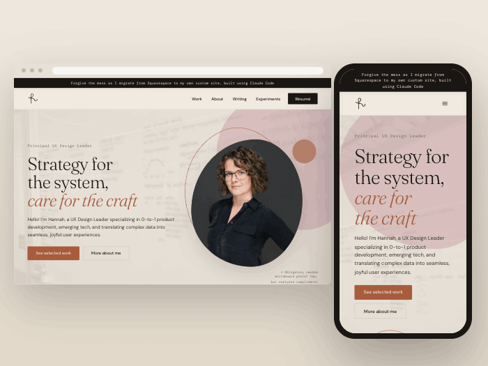 This site's hero shown in a desktop browser window beside the same page on a phone